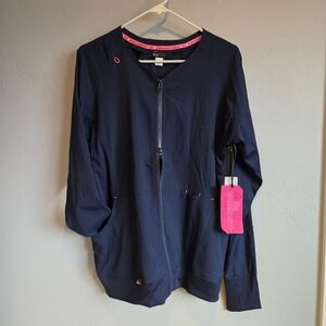 Koi Lite Women's Full Zip Performance StretchScrub Jacket Navy, Pink Detail.
